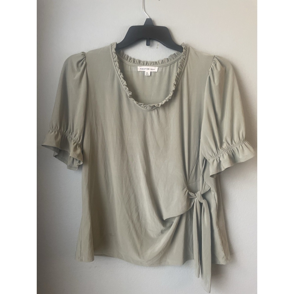 Perseption Concept Top Womens Short‎ Sleeve Top Ruffled Side Tie Sage Green XL